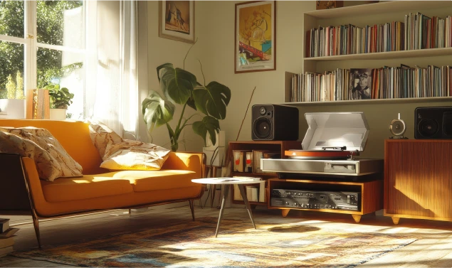 Moderns dzīvoklis retro stilā ar dīvānu un plašu atskaņotāju; caur logu telpā ieplūst silta saules gaisma